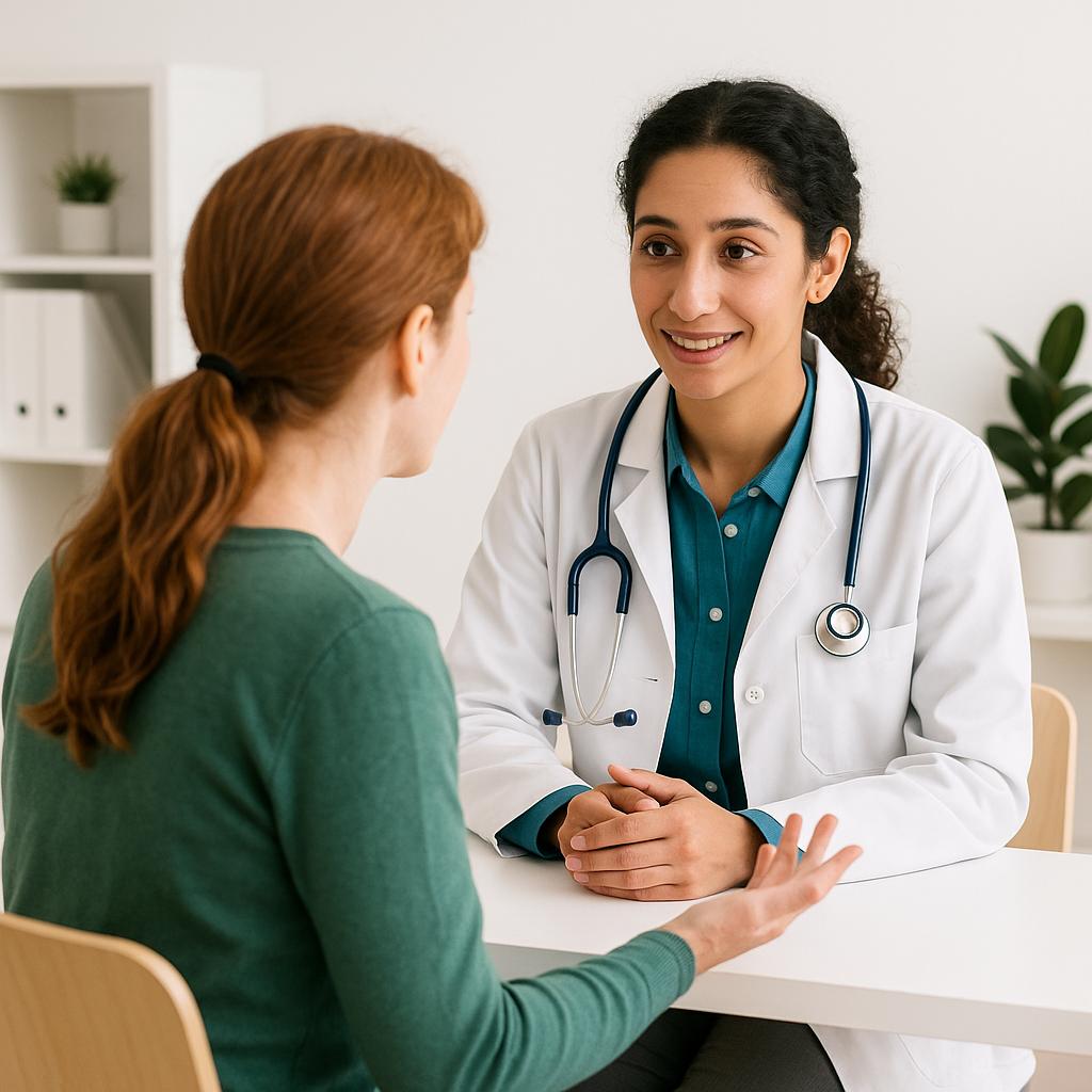 Person discussing altitude sickness symptoms with healthcare professional in a clinic setting