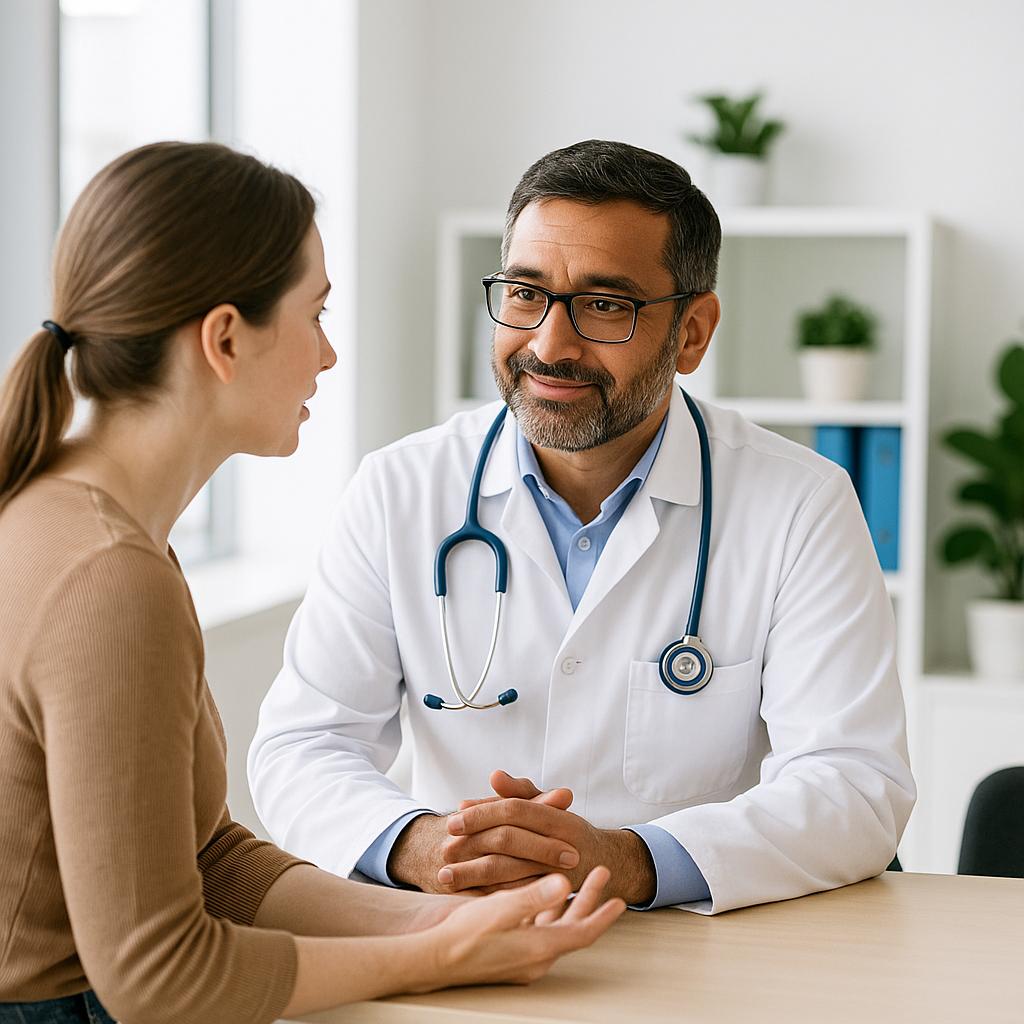 Woman speaking with healthcare professional during a private consultation about bacterial vaginosis symptoms.