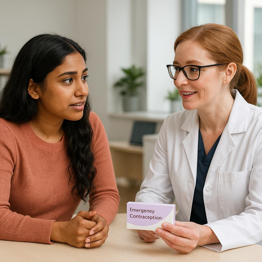 Woman speaking with pharmacist at consultation desk in pharmacy setting.