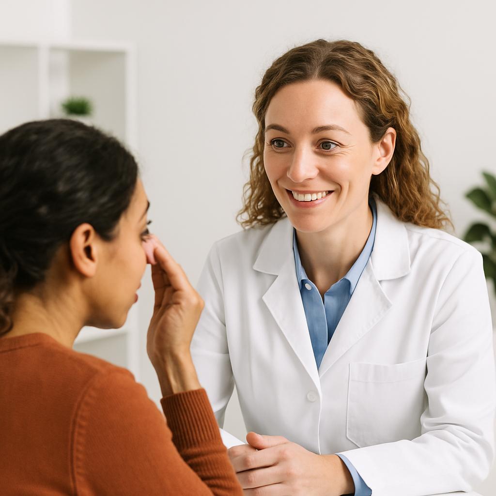 Healthcare professional discussing eye symptoms with patient in clinic setting