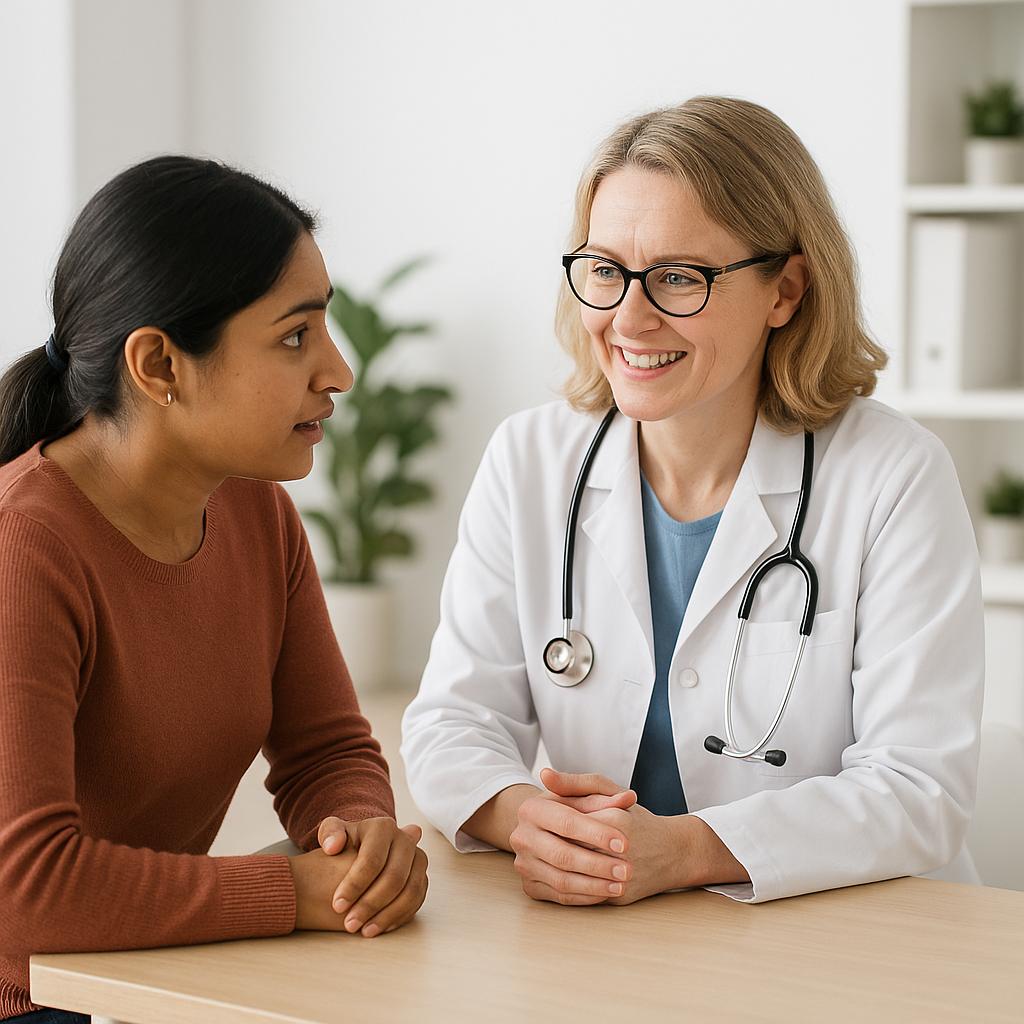 Patient speaking with healthcare professional during influenza consultation in clinic setting