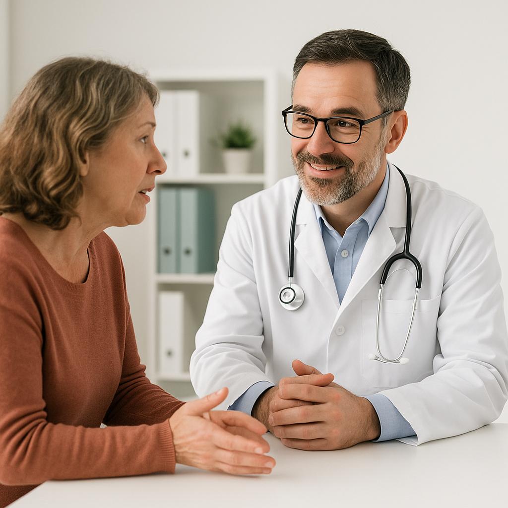 Jet lag consultation with healthcare professional discussing symptoms and treatment options.