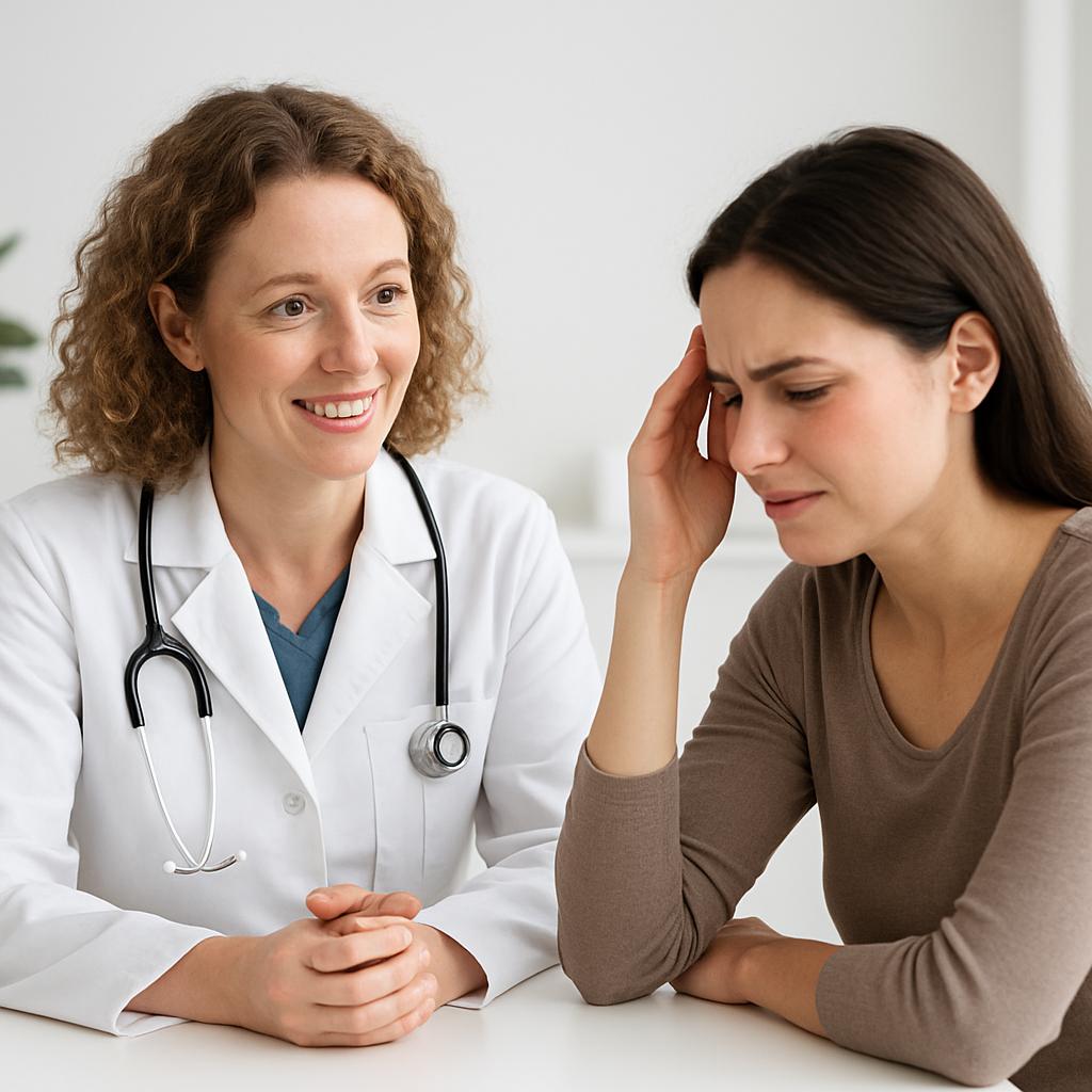 Migraine consultation between patient and healthcare professional in clinical setting.