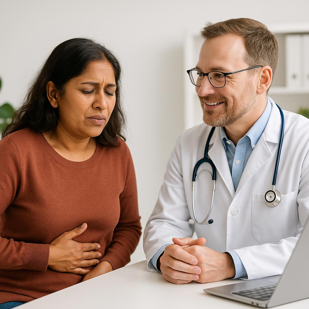 Patient discussing nausea symptoms with healthcare professional in a clinical consultation setting.