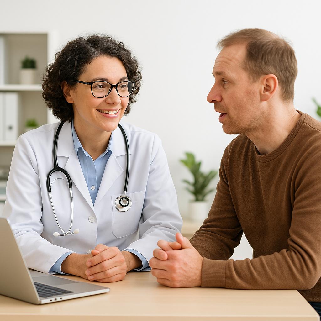 Patient discussing skin condition with healthcare professional in clinic consultation room