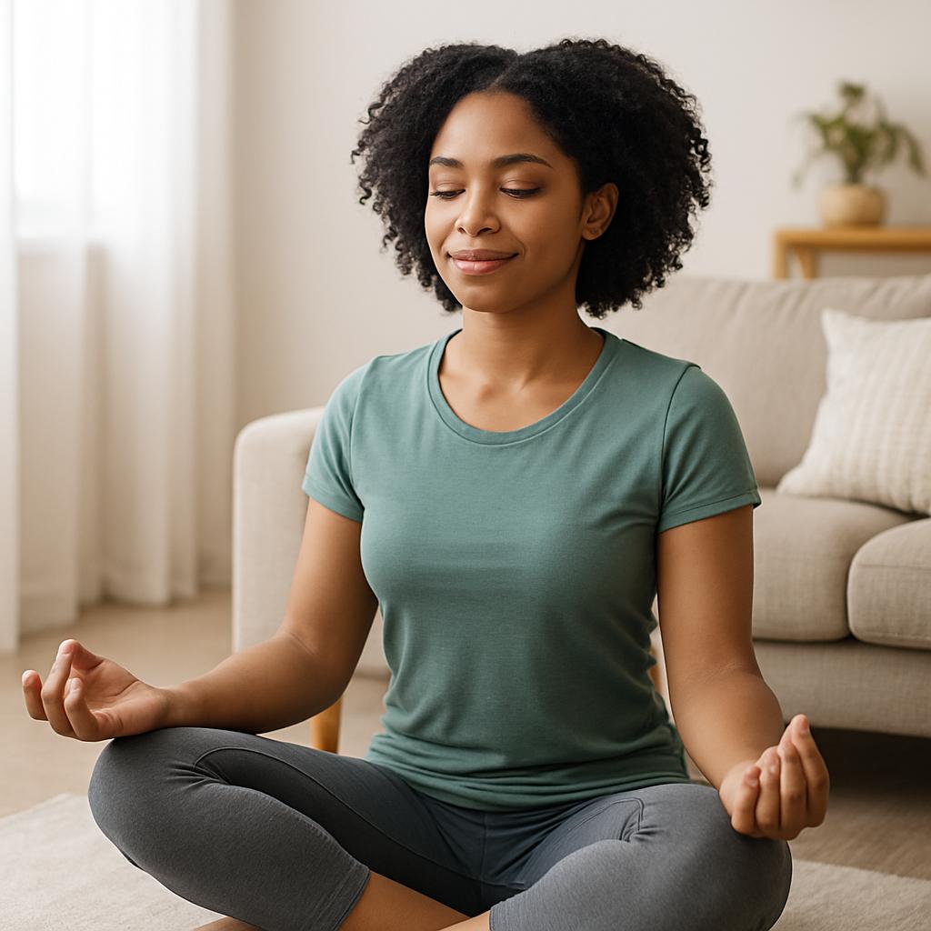 Woman practising self-care at home, with natural remedies and hygiene items nearby.