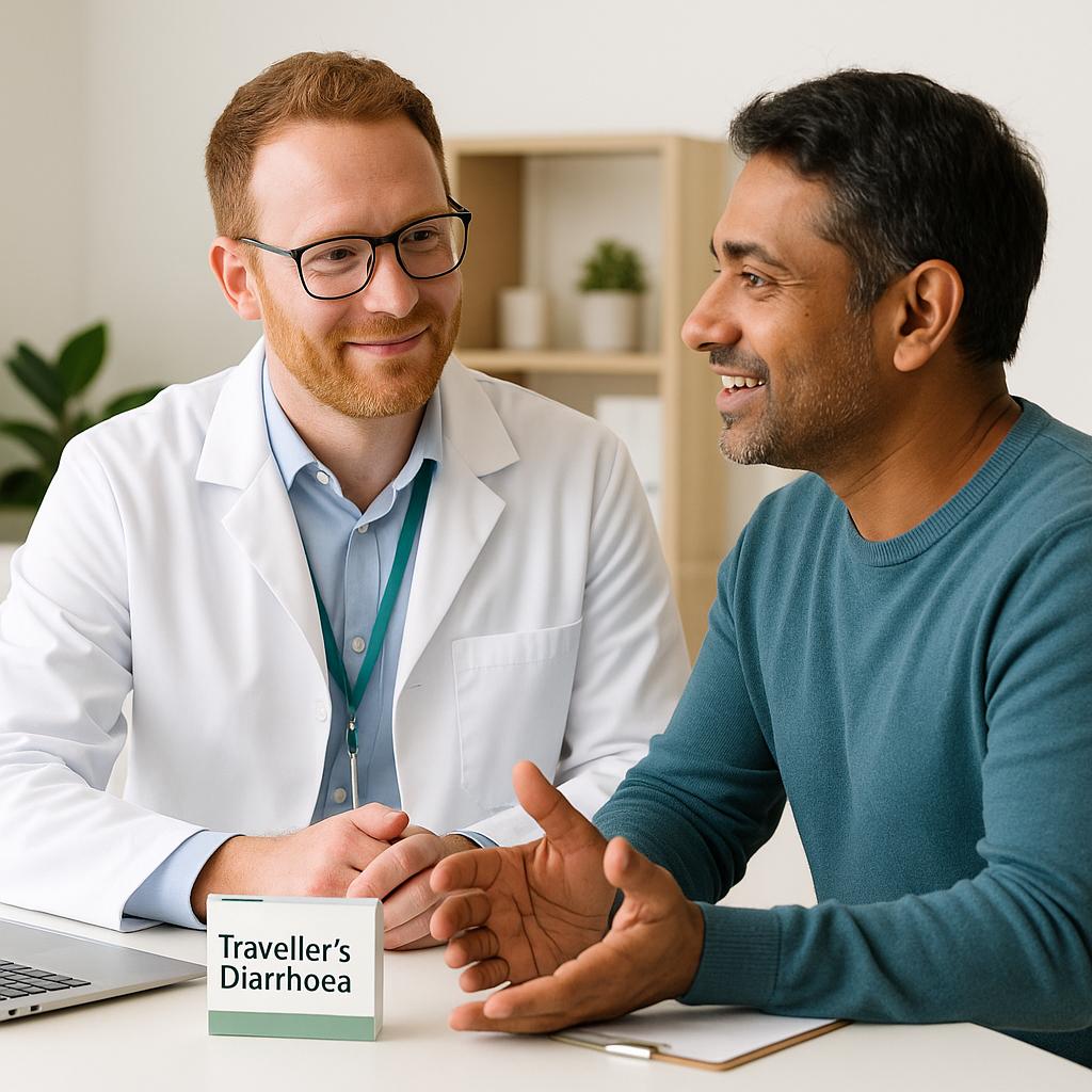 Patient discussing traveller's diarrhoea symptoms with healthcare professional in clinic setting