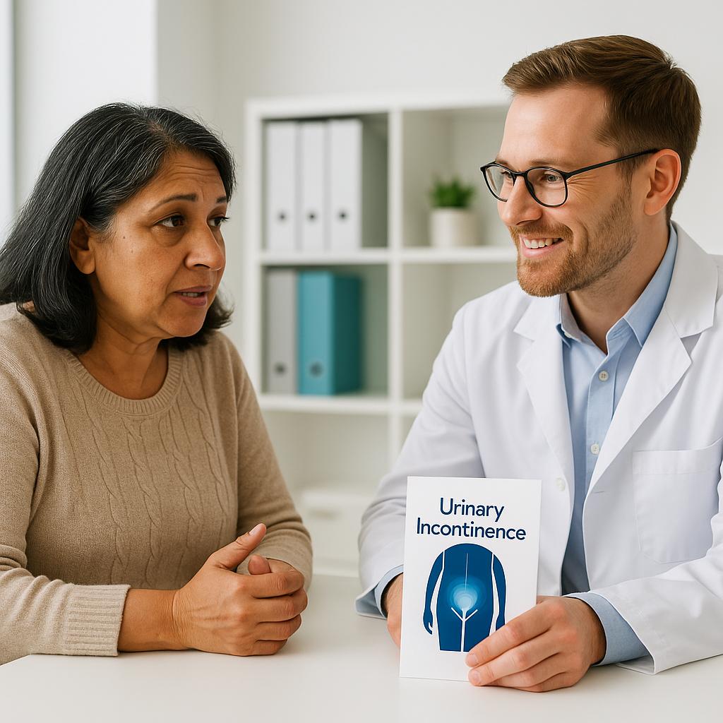 Woman speaking with healthcare professional during urinary incontinence consultation in clinic room