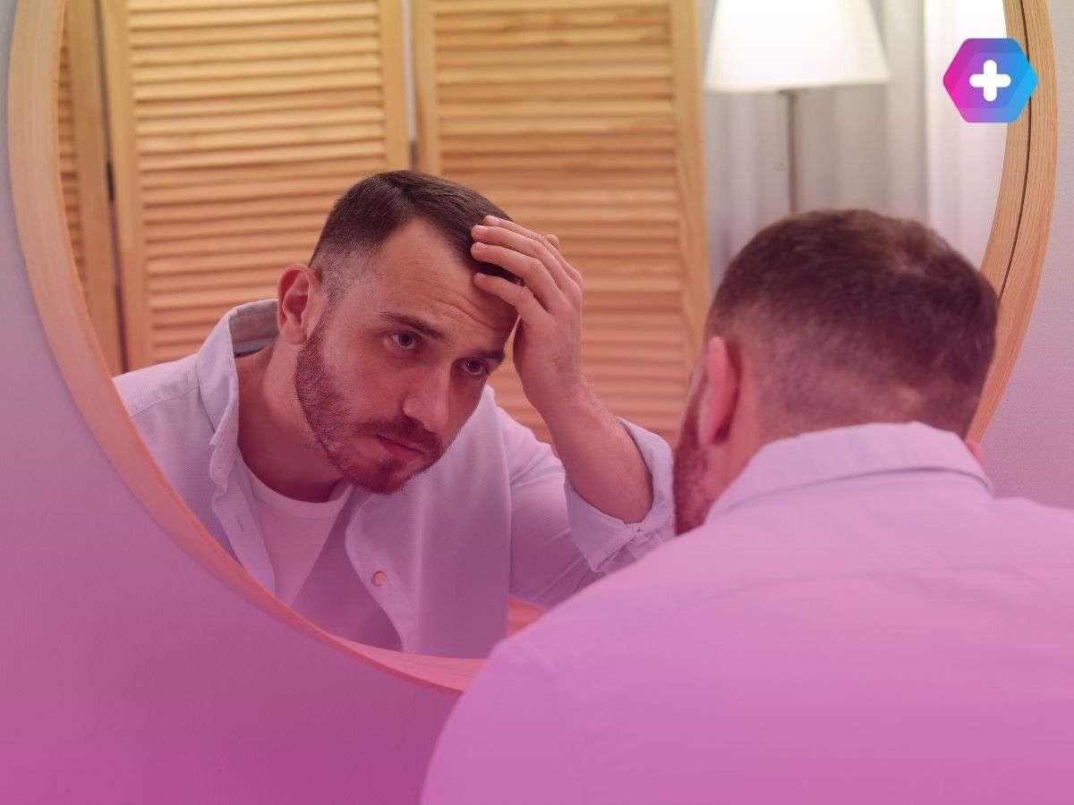 man looking at hairline in mirror