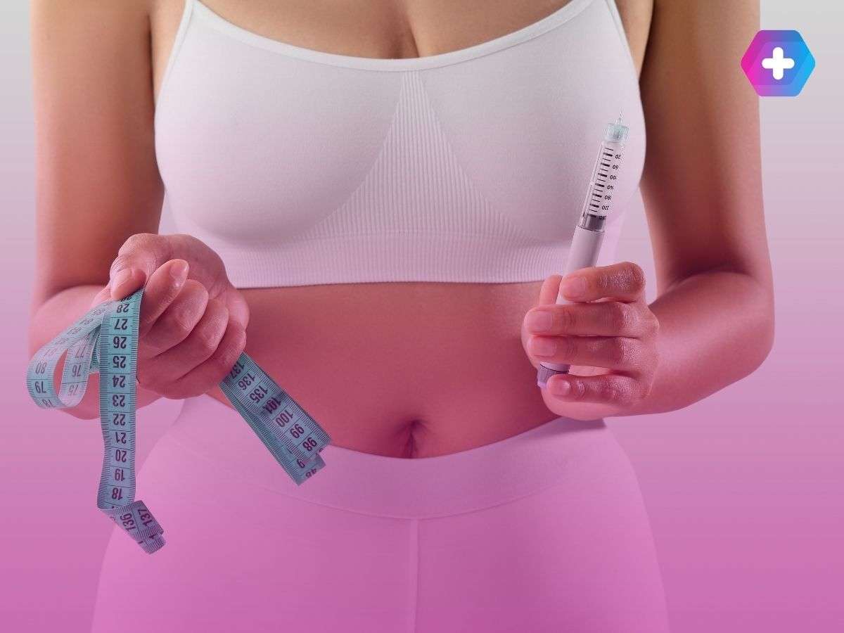woman in white workout gear holding weight loss injection and measuring tape