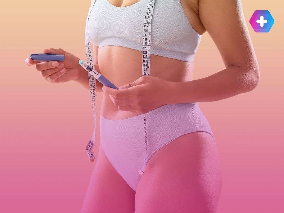 woman in workout gear holding weight loss injection on orange background