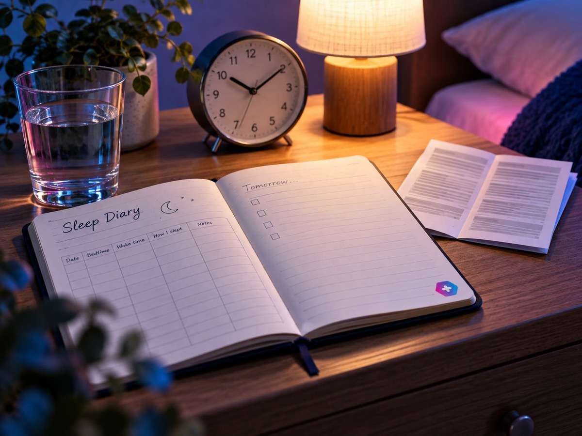 Sleep diary and bedside table scene for a UK melatonin assessment guide.