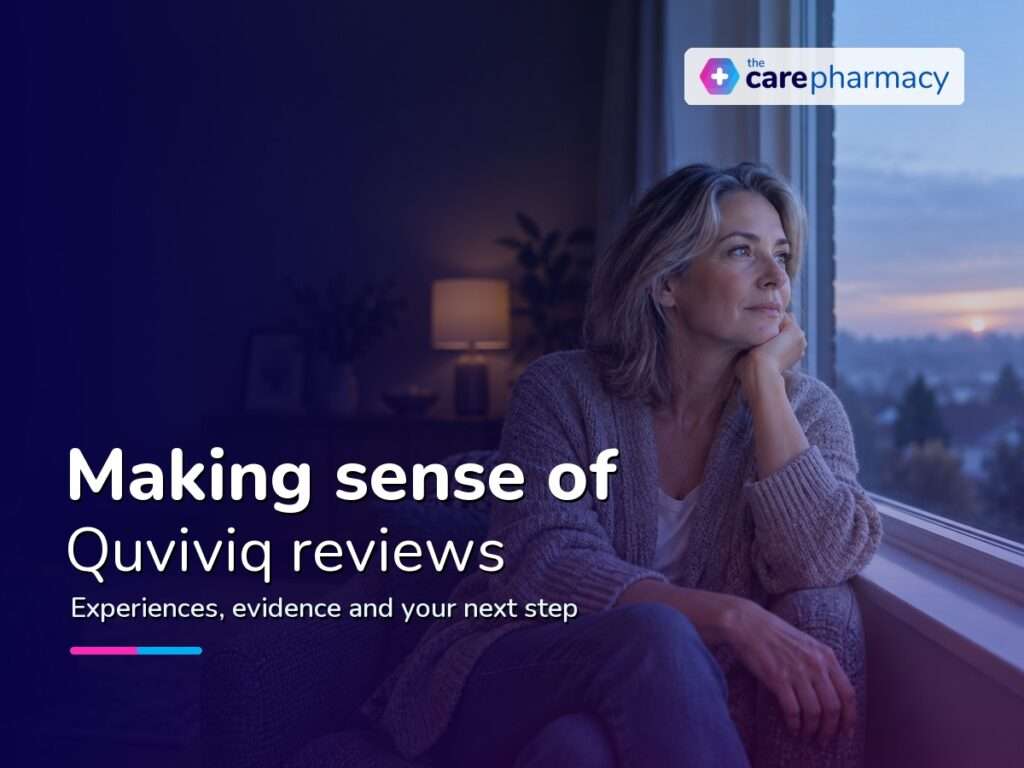 Woman sitting by a window at dawn for a Quviviq reviews guide