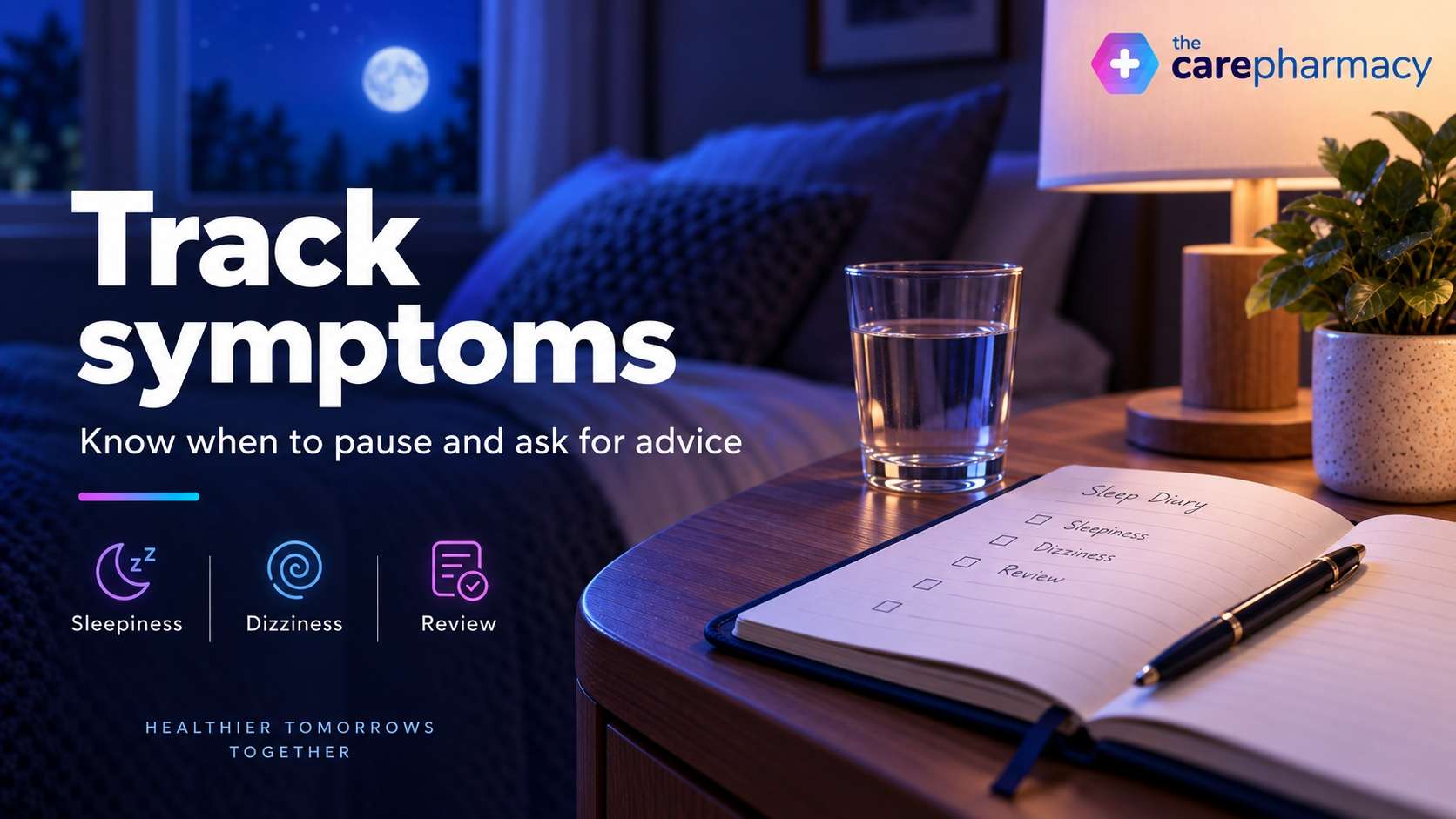 Quviviq side-effect checklist beside a bedside lamp for insomnia treatment review.