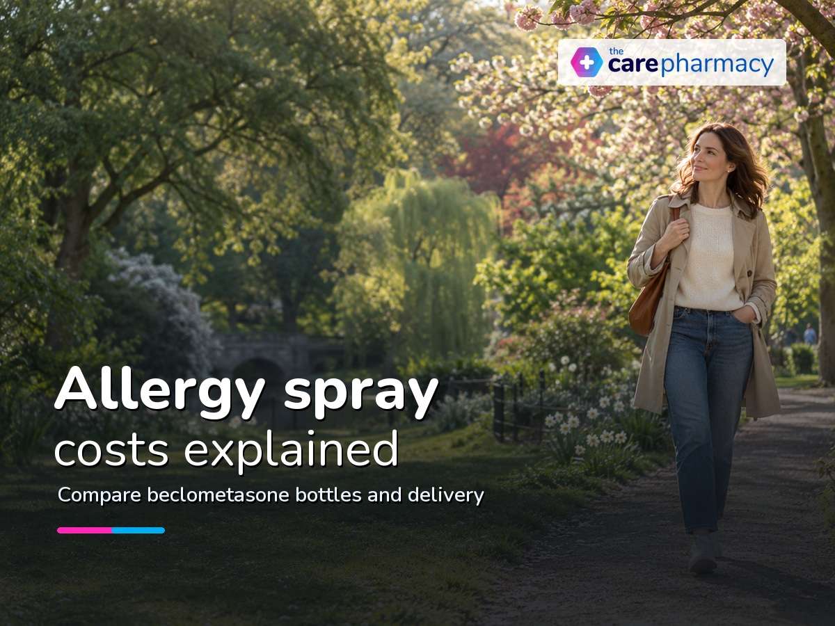 Woman walking through a spring park for a beclometasone price guide