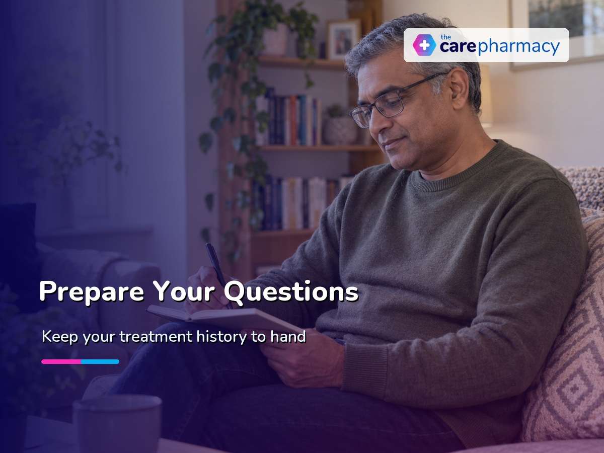 Man preparing treatment questions while comparing Cialis and tadalafil prices