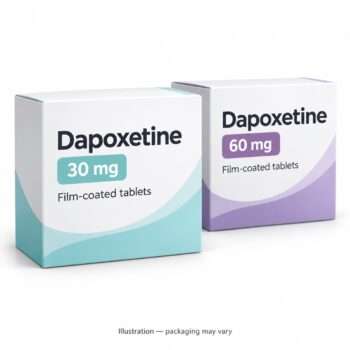 Illustration of generic dapoxetine 30mg and 60mg tablet packs; packaging may vary