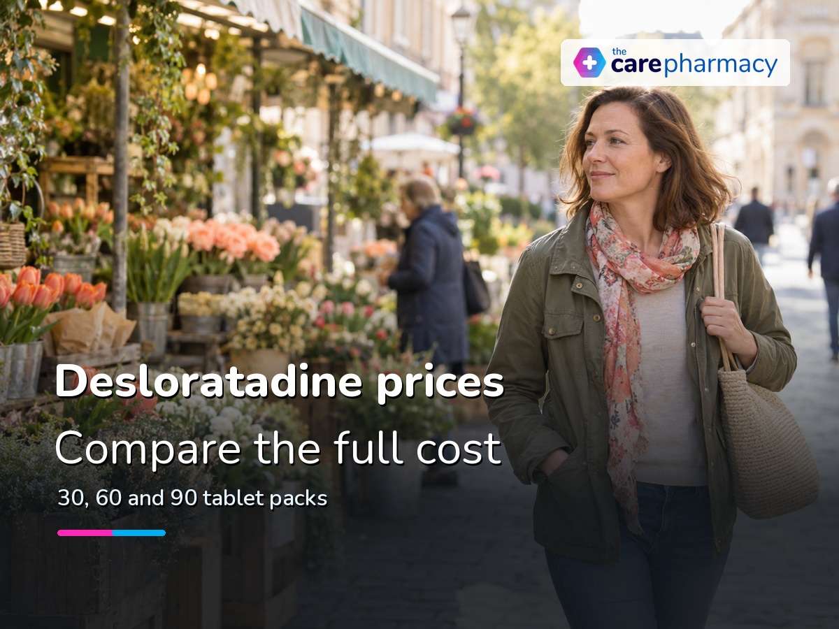 Woman walking past a flower market for a guide to desloratadine prices