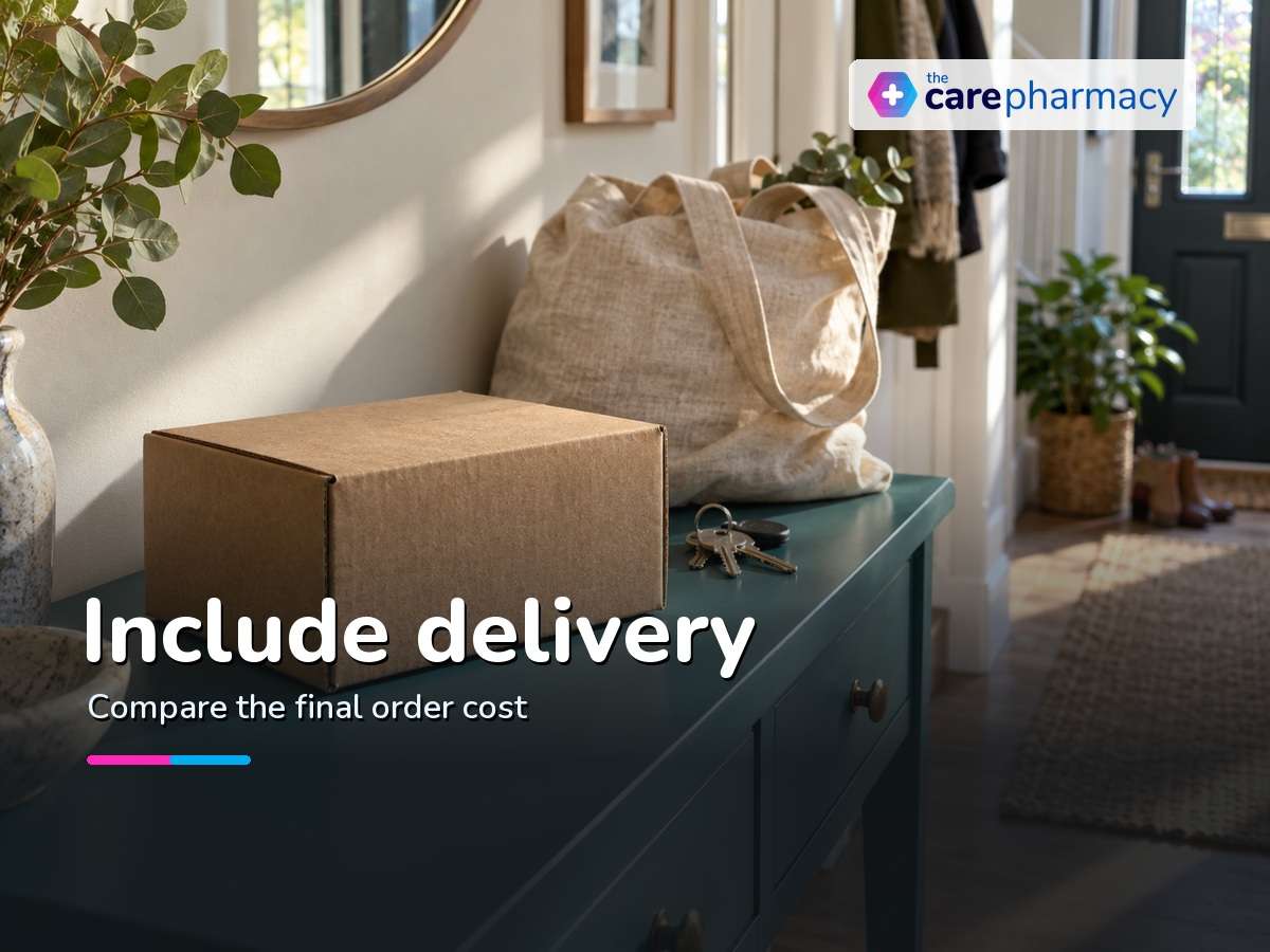 Plain delivery parcel and house keys on a teal hallway console