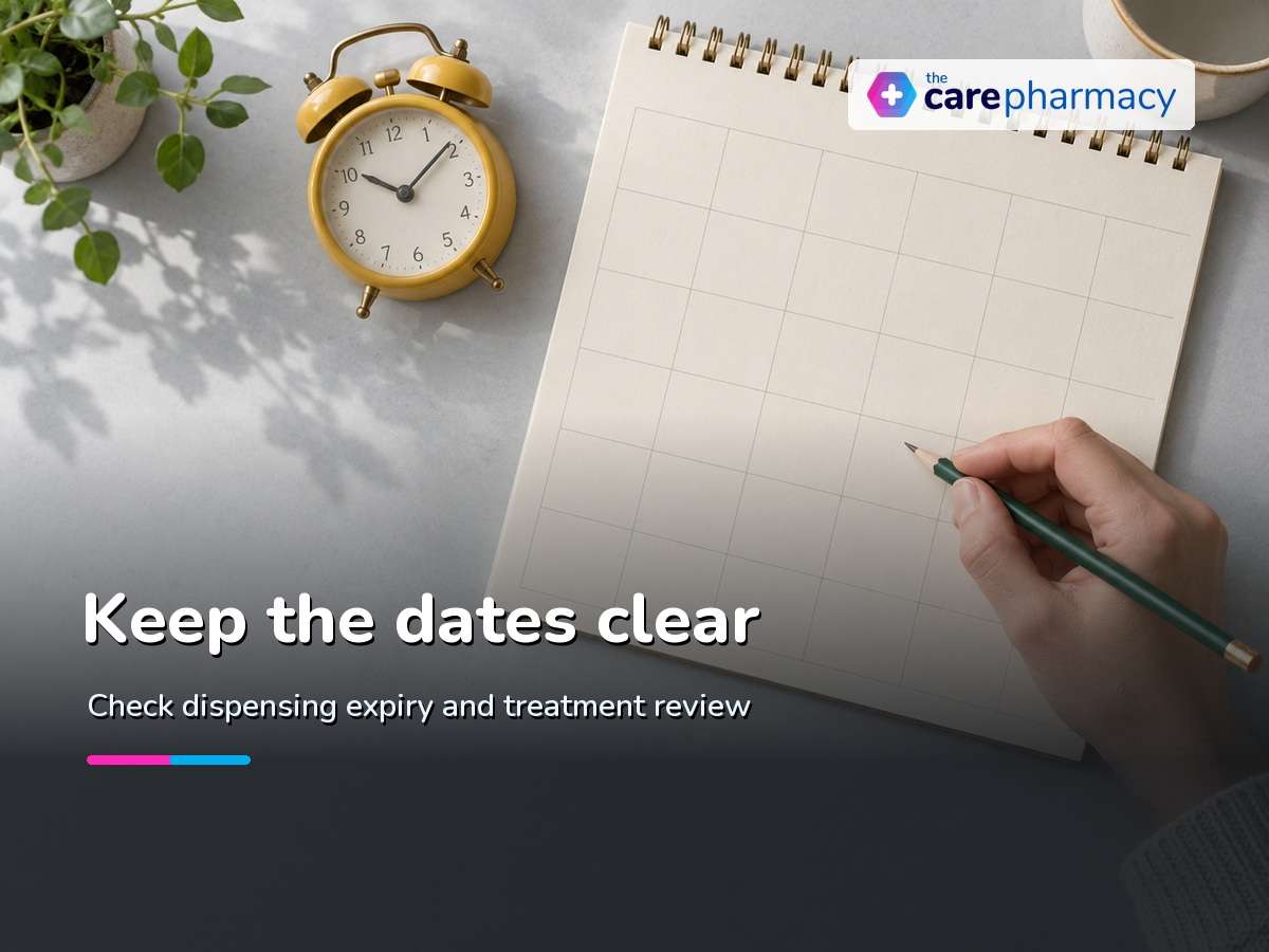 Paper planner, green pencil and yellow clock for remembering a treatment review
