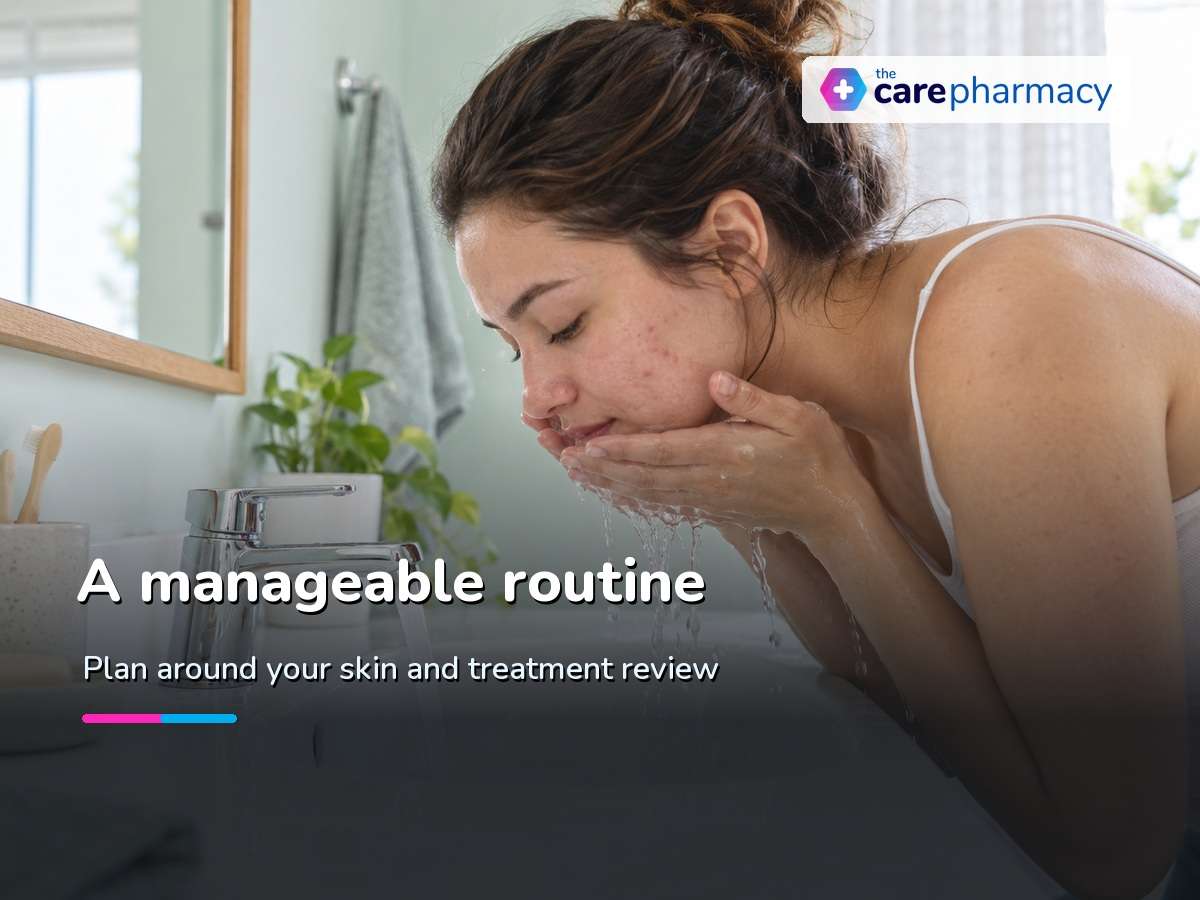 Woman gently washing acne-prone skin at a bathroom sink