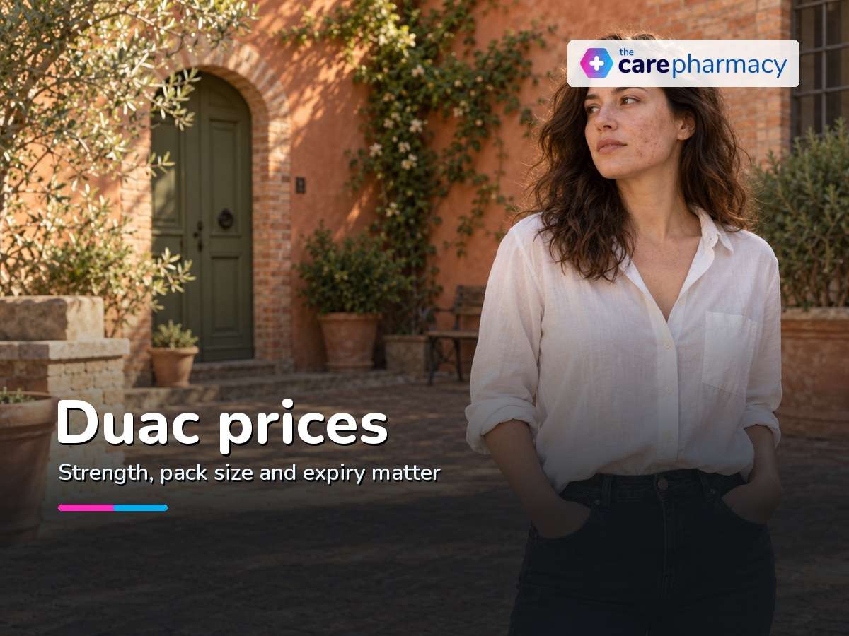 Woman in a sunlit brick courtyard in a warm editorial portrait for a Duac prices guide