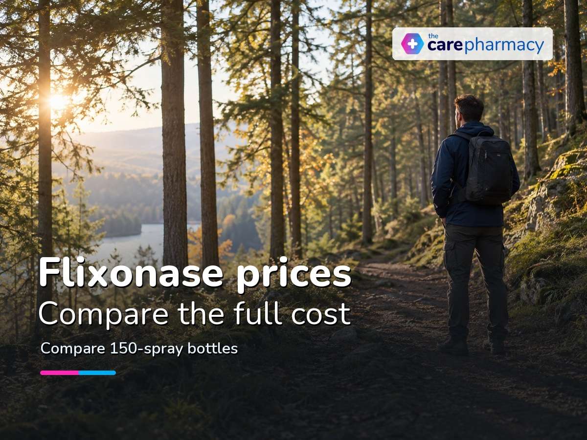 Man on a woodland path for a guide to Flixonase prices and nasal spray costs