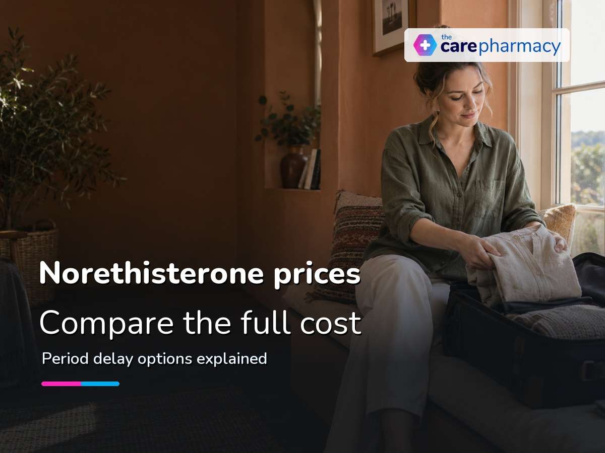 Woman packing a travel bag for a guide to norethisterone prices and period delay