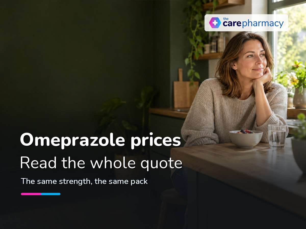 Woman in a kitchen for a guide to omeprazole prices and reflux treatment costs