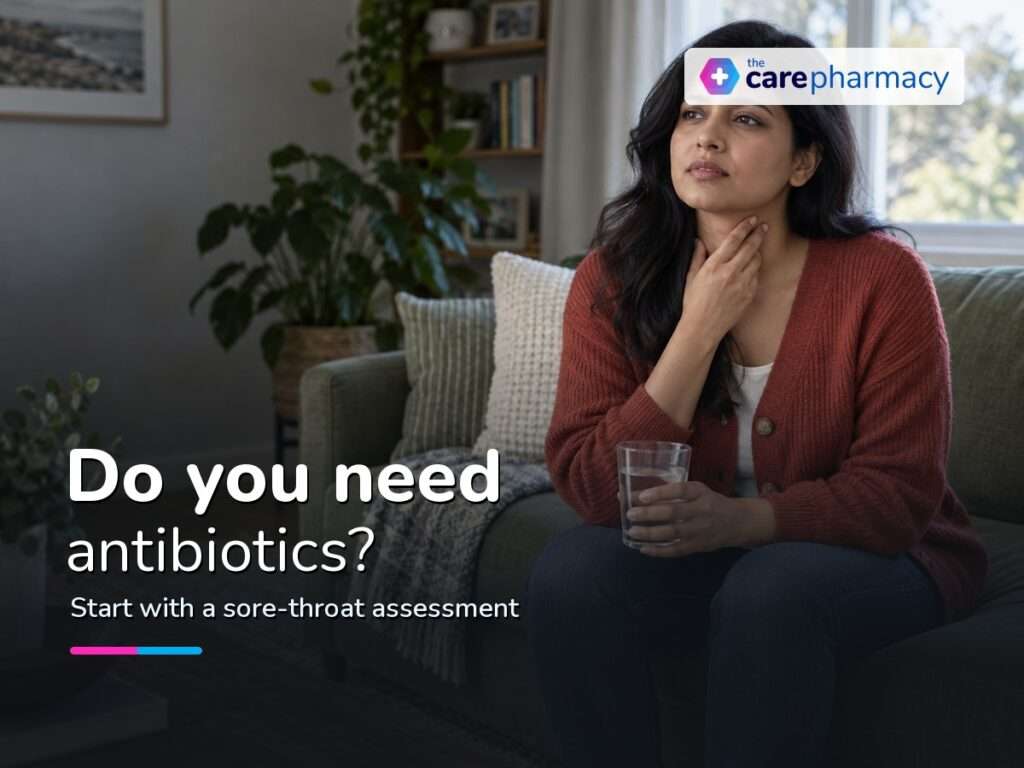 Woman with throat discomfort illustrating sore throat antibiotics assessment