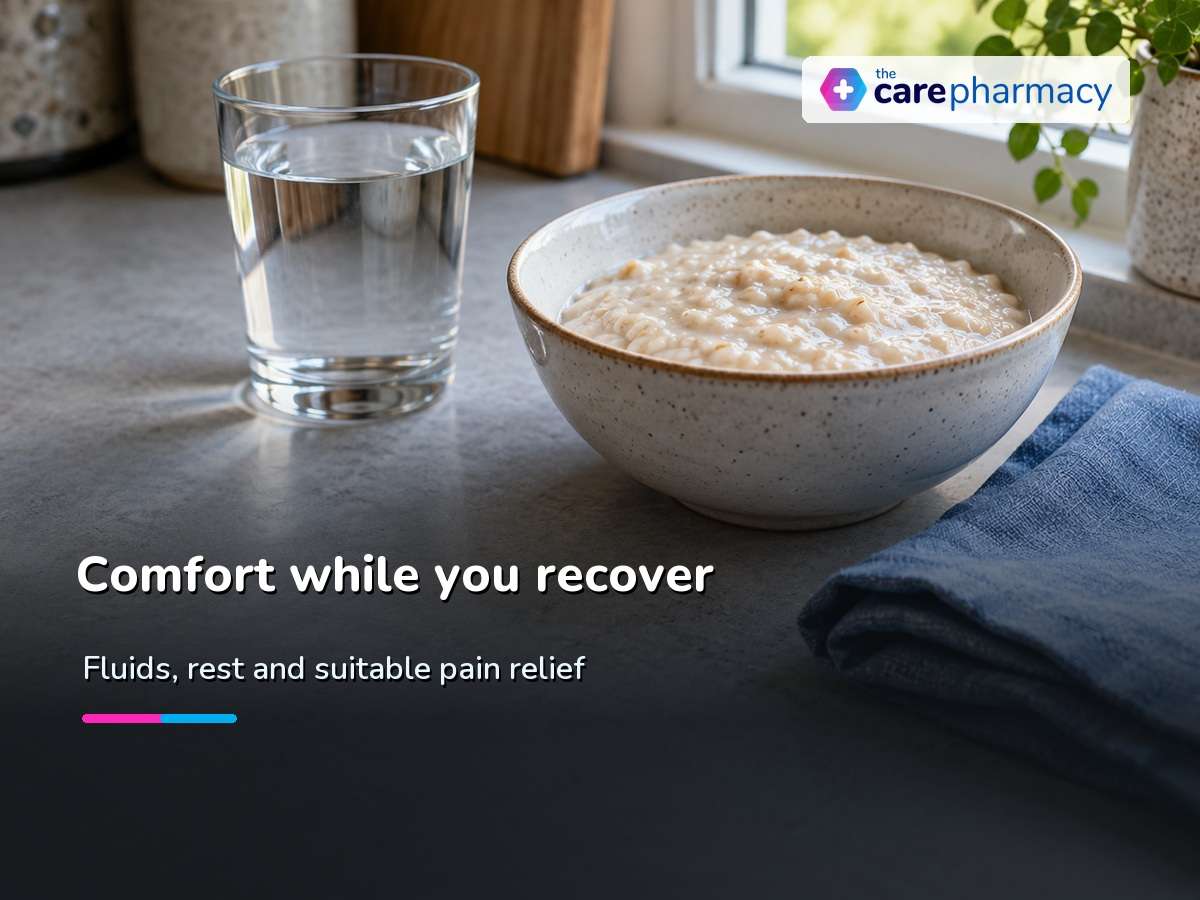 Water and soft food for comfort while sore throat antibiotics are assessed