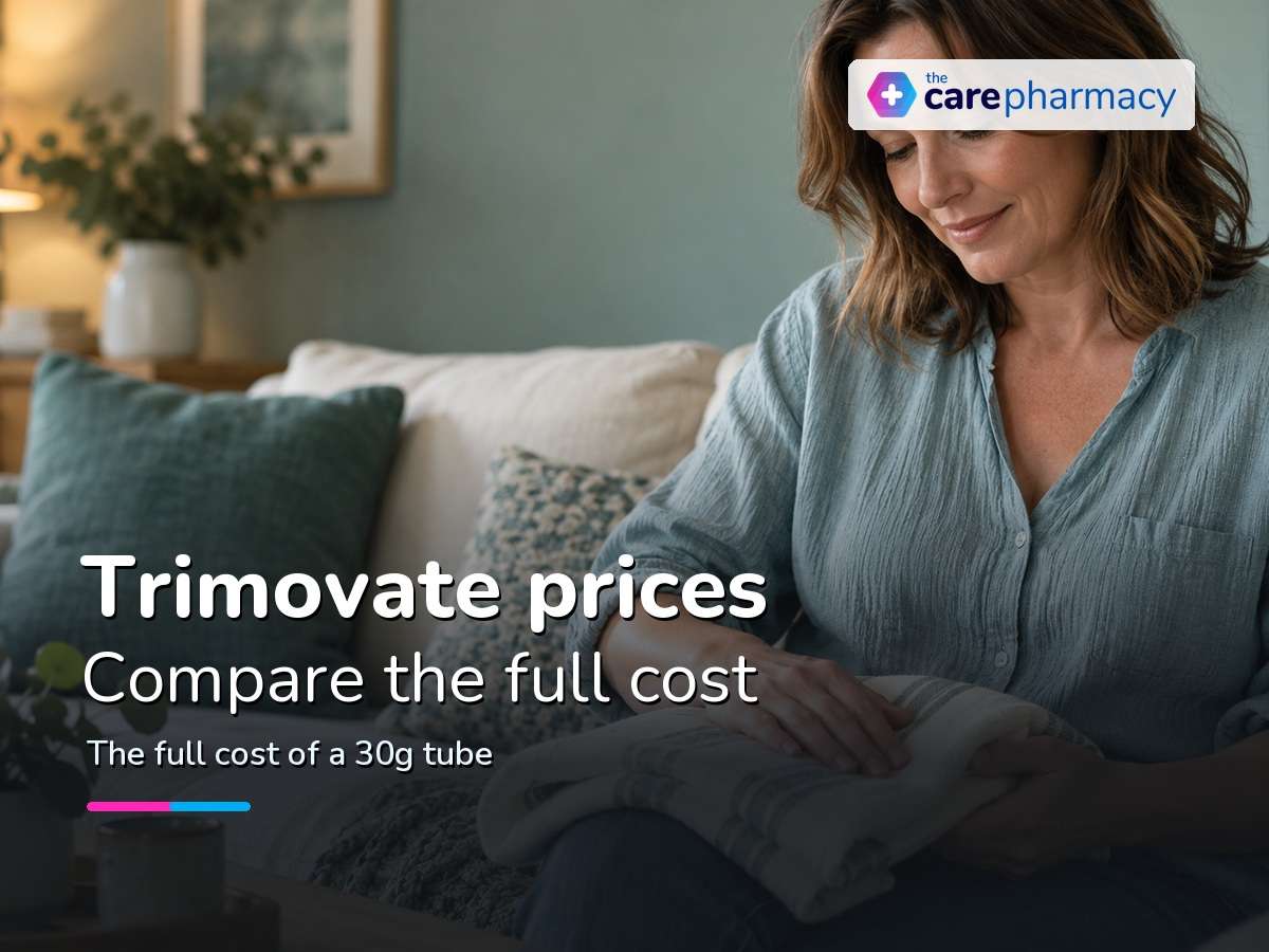 Woman folding cotton clothing for a guide to Trimovate prices and skin care costs